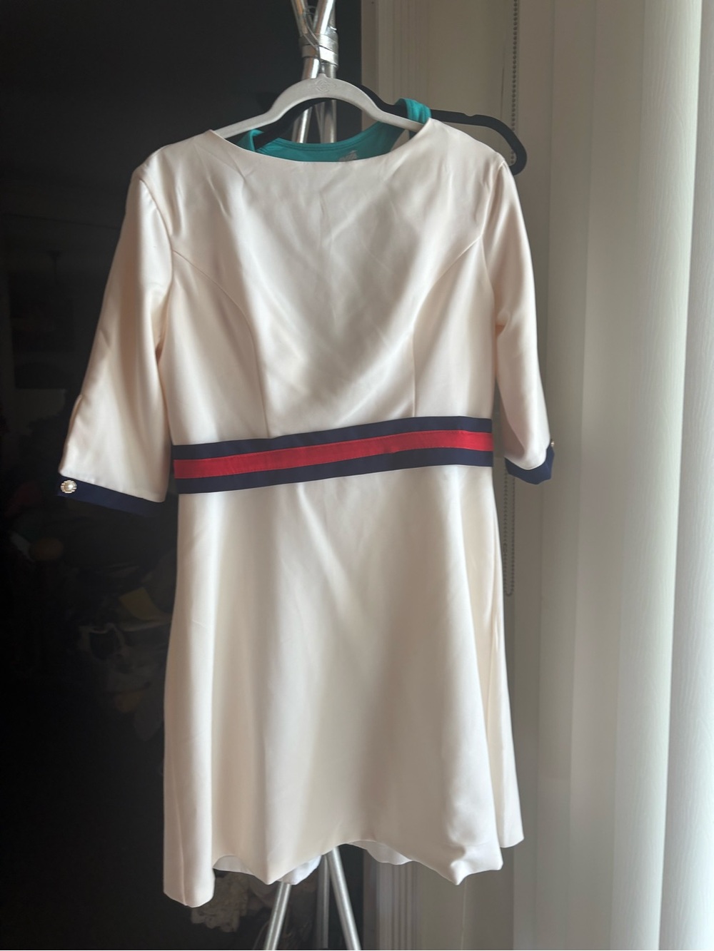 Cream Short-Sleeve A-Line Dress with Navy and Red Waist Band